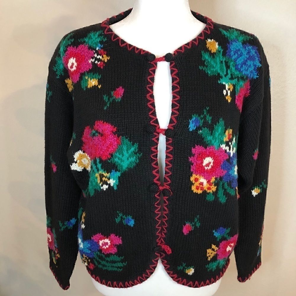 Cape Isle Knitter cardigan sweater XL black floral